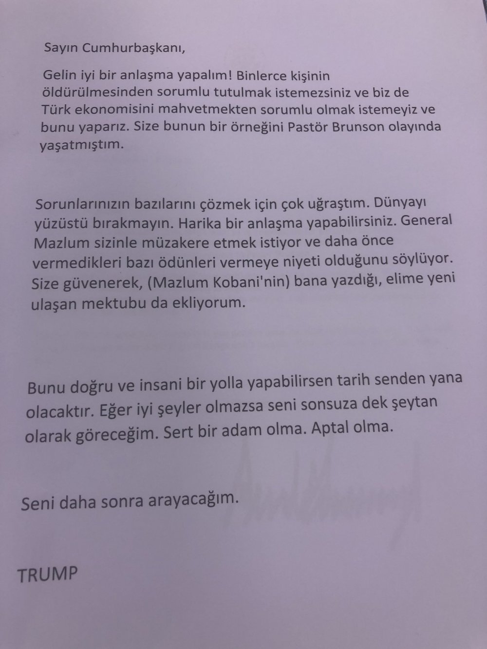 ABD Başkanı Trump Tarafından Cumhurbaşkanı Erdoğan'a Yazıldığı İddia Edilen Mektup Metni Türkçe Çevirisi