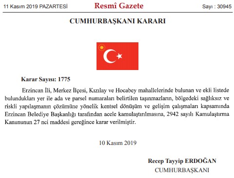 Erzincan Kızılay ve Hocabey Mahallesi Kentsel Dönüşüm Projesi İçin Acele Kamulaştırma Kararı Çıktı!