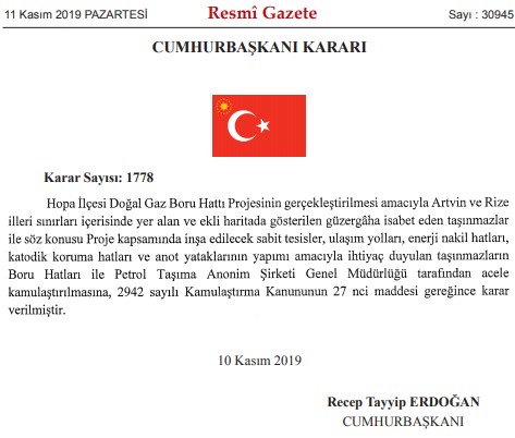 BOTAŞ Şanlıurfa, Karabük, Artvin, Rize, Antalya ve Burdur İllerinde Acele Kamulaştırma Kararı