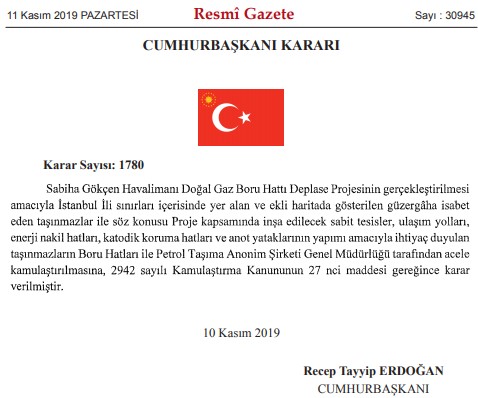 BOTAŞ Sabiha Gökçen Havalimanı Doğal Gaz Boru Hattı Deplase Projesi İçin Acele Kamulaştırma Kararı Aldı!