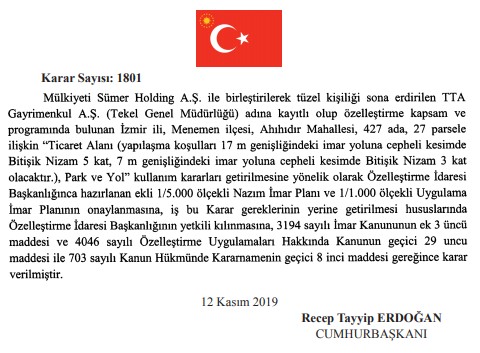 13 Kasım Tarihli Resmi Gazete İle Yayımlanan Yeni Özelleştirme İdaresi Başkanlığı ile İlgili Kararlar