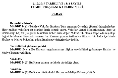 Son Dakika! Resmi Gazete İle Yayımlandı, Vakıfbank Hisseleri Hazineye Devredildi