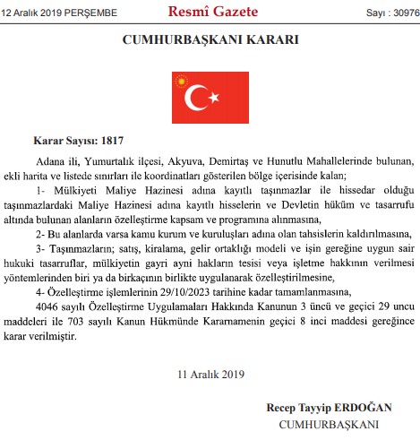 Adana Yumurtalık Akyuva, Demirtaş ve Hunutlu Mahalleleri İçin Özelleştirme Kararı Çıktı