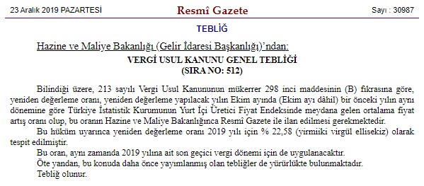 Vergi Usul Kanunu Genel Tebliği Yayımlandı, 2020 Yeniden Değerleme Oranı Resmi Gazete İle İlan Edildi