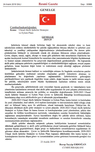 Ulusal Akıllı Şehirler Stratejisi ve Eylem Planı ile İlgili 2019/29 Sayılı Cumhurbaşkanlığı Genelgesi Yayımlandı!