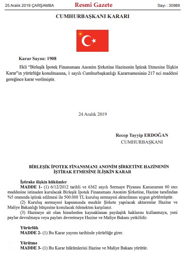 Birleşik İpotek Finansmanı AŞ Hazine İştirakleri Arasına Katıldı!