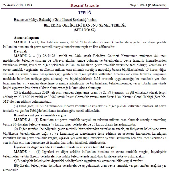 Belediye Gelirleri Kanunu Tebliği İle 2020 Çevre Temizlik Vergisi Oranları Belli Oldu!