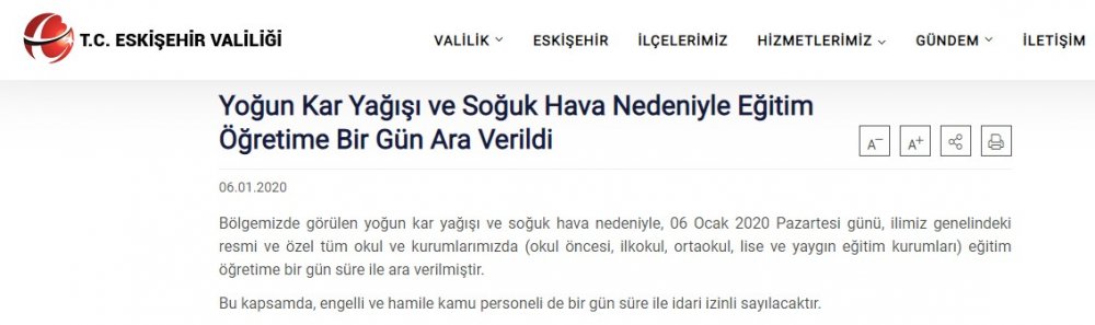SON DAKİKA! Eskişehir'de 6 Ocak 2020 Pazartesi Günü Kar Tatili İlan Edildi! Okullar Tatil Mi,