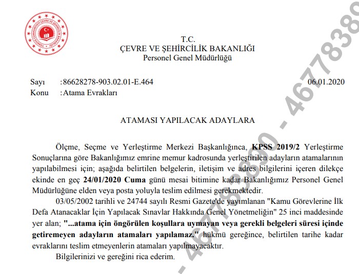 Çevre ve Şehircilik Bakanlığı KPSS 2019/2 Yerleştirme Sonucuna Göre Memur Kadrosuna Atama İşlemleri Duyurusu