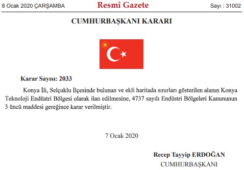 Cumhurbaşkanı Erdoğan İmzaladı, Selçuklu' da Yeni Konya Teknoloji Endüstri Bölgesi İlan Edildi!