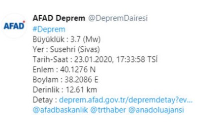 Son dakika Deprem Haberi: Sivas Suşehri 3.7 Şiddetinde Depremle Sarsıldı!