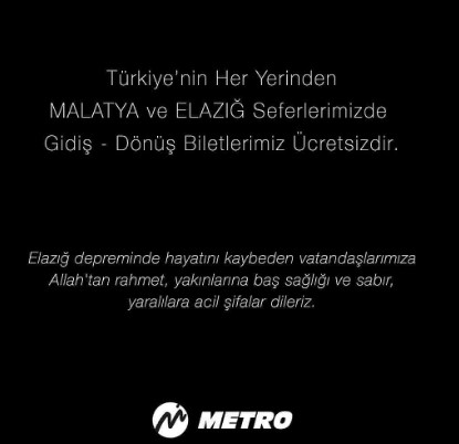 Metro Turizm ve Kamil Koç Elazığ ve Malatya İçin Ücretsiz Seferler Düzenlemeye Başladı, 1 TL Otobüs Bileti Duyurusu