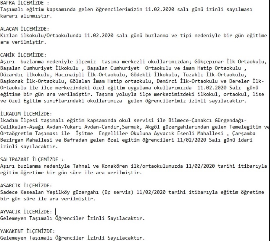 Samsun'da Son Dakika! Samsun Valiliği Kar Tatili Açıklaması, 11 Şubat Samsunda Okullar Tatil Mi?