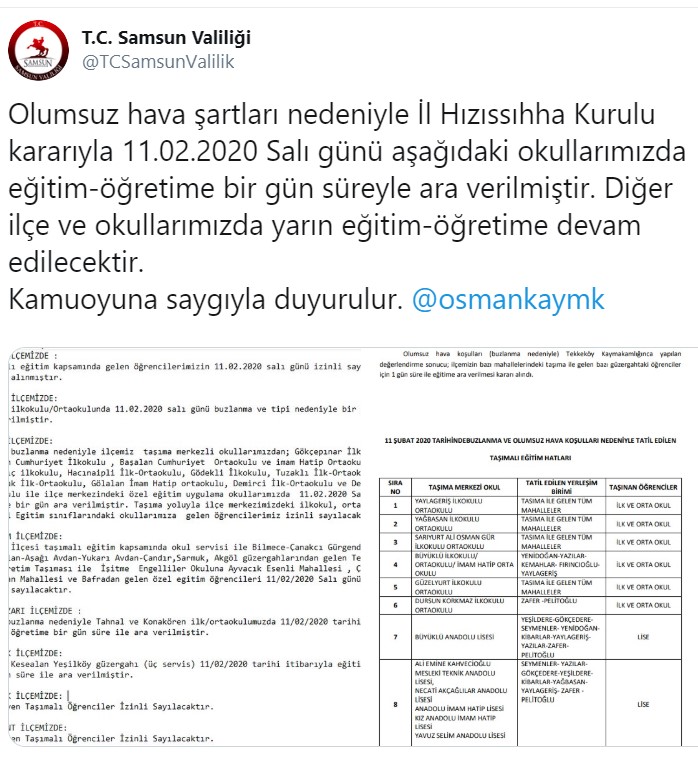 Samsun'da Son Dakika! Samsun Valiliği Kar Tatili Açıklaması, 11 Şubat Samsunda Okullar Tatil Mi?