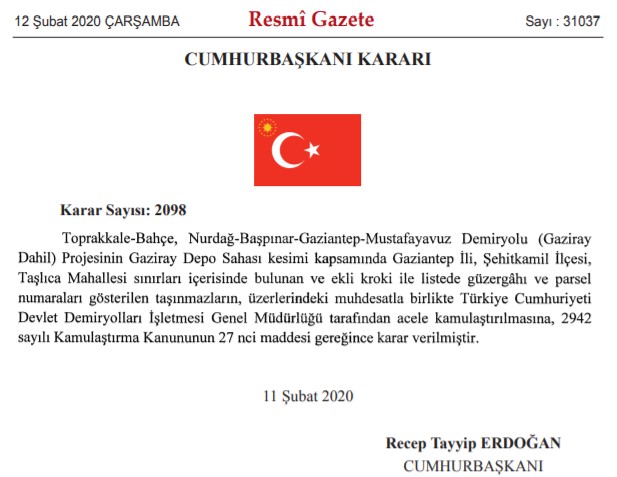 Gaziray Projesi İçin Şehitkamil Taşlıca İlçesindeki Taşınmazlar Hakkında TCDD Acele Kamulaştırma Kararı Aldı!