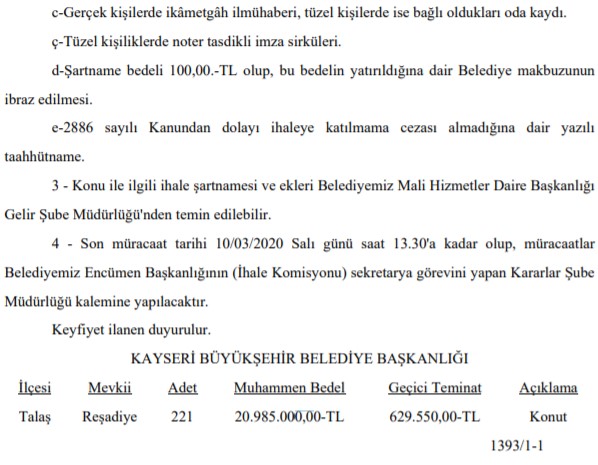 Kayseri Büyükşehir Belediyesi 221 Adet Konut Alanı Arsası İçin Toplu Satış İhale İlanı Yayımladı!