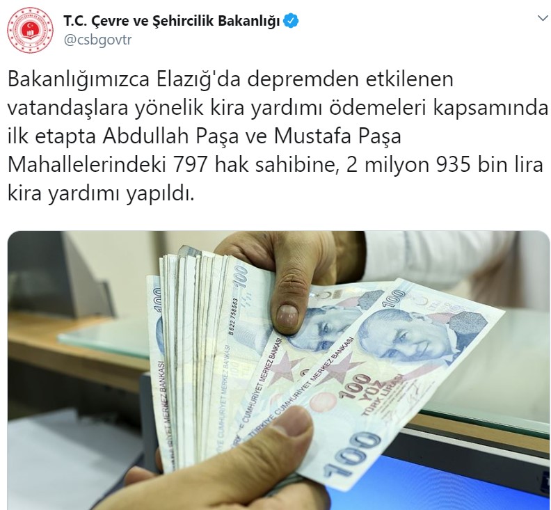 Çevre ve Şehircilik Bakanlığı Açıkladı: Depremzedelere Kira Yardımı Olarak 3 Milyon Lira Ödeme Yapıldı!