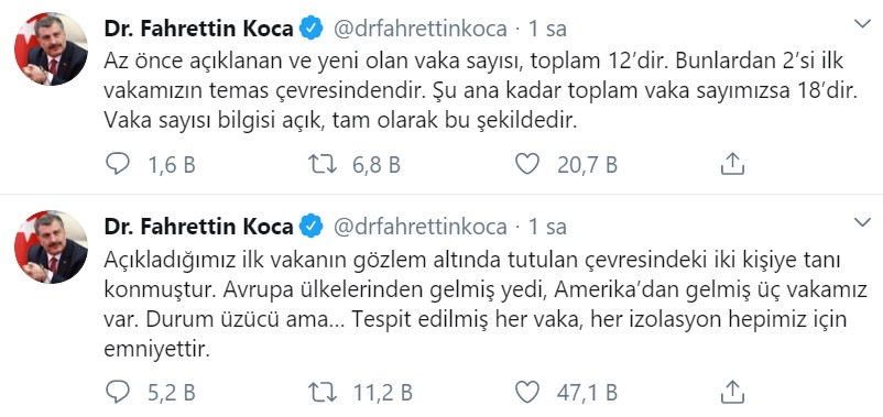 Sağlık Bakanı Fahrettin Koca Açıkladı: Türkiye'de Toplam Corana Virüsü Tanısı Konulan Kişi Sayısı 18'e Yükseldi!