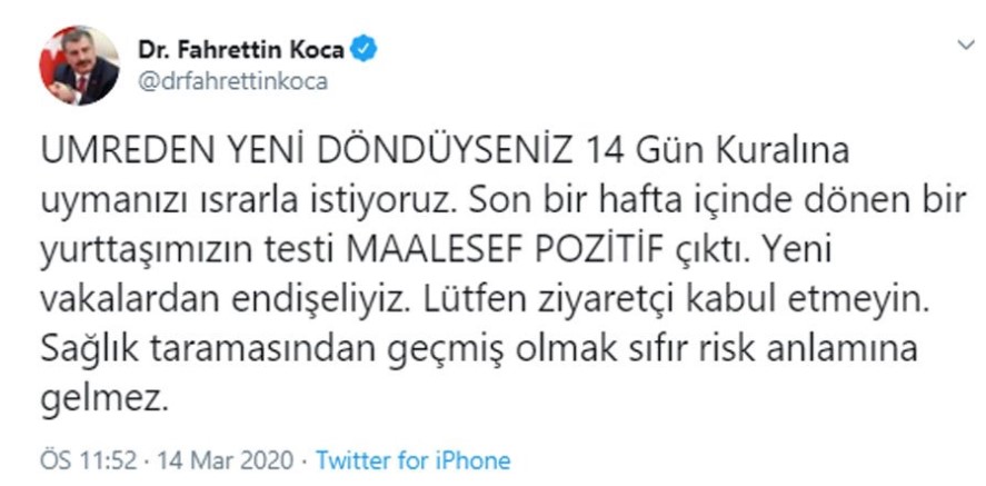 Son Dakika Korana Türkiye: Türkiye'de Corana Vaka Sayısı 6'ya Yükseldi! Umreden Geleni Ziyaret Etmeyin