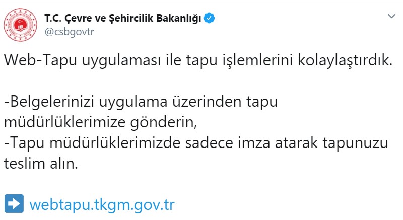 Çevre ve Şehircilik Bakanlığı Koranavirüsü Nedeni İle Web Tapu Uygulaması Hatırlatmasında Bulundu!