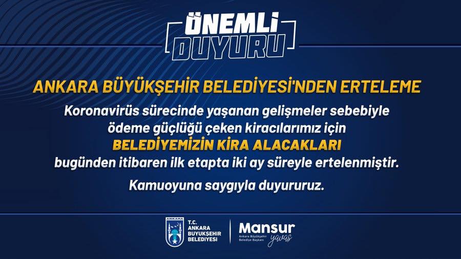 Ankara Büyükşehir Belediye Başkanı Mansur Yavaş'tan Corona Virüs Hamlesi! Kira Ödemeleri Ertelendi