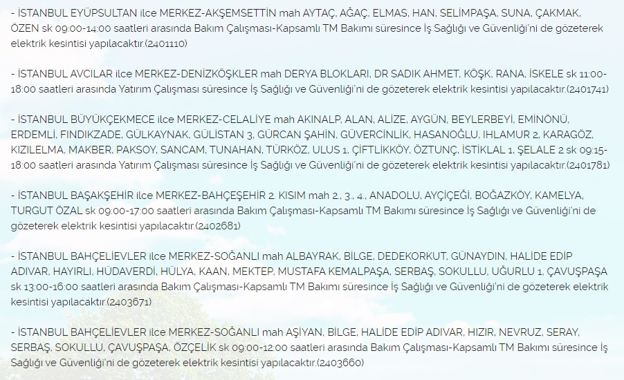 İstanbul'da 9 Saat Elektrik Kesintisi: Elektrikleri Kesilecek İlçe ve Mahallelerin Listesi