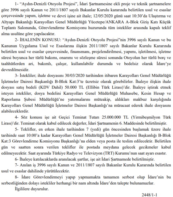 Ulaştırma Bakanlığı Aydın Denizli Otoyolu Projesi İçin YİD Modeli İle İhale İlanı Yayımladı!