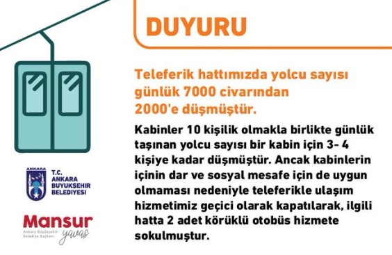 Corana Virüsü Nedeni İle Ankara Büyükşehir Belediyesi Teleferik Hattı İle Ulaşıma Ara Verdi!