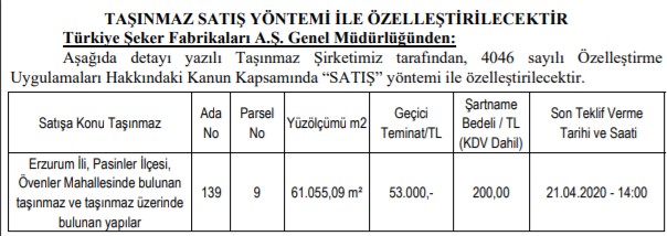 Türkiye Şeker Fabrikaları Erzurum İli İçin Taşınmaz Satış Yöntemi İle İhale İlanı Yayımladı!