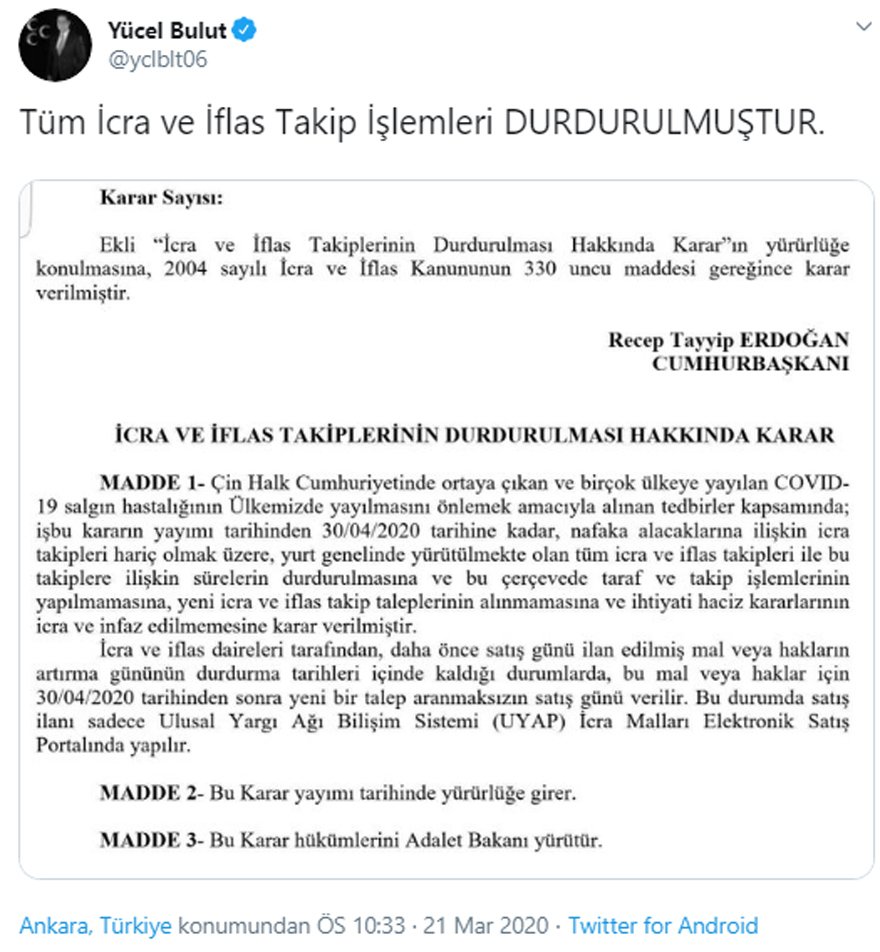 Son Dakika! Cumhurbaşkanlığı Kararnamesiyle İcra ve İflas Takipleri Durduruldu!