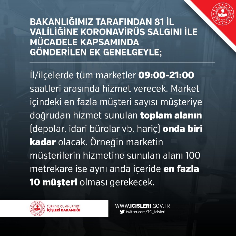 İçişleri Bakanlığı'ndan Yeni Koronavirüs Genelgesi! Marketlere Ve Toplu Taşıma Araçlarına Yeni Düzenleme Geldi