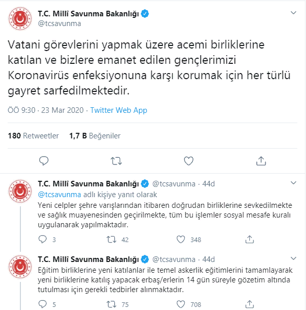 Milli Savunma Bakanlığı'ndan Koronavirüs Tedbirleri Açıklaması! Yeni Askerlere 14  Gün Gözetim Kararı!