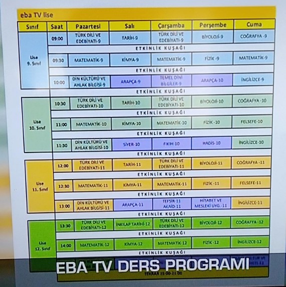 9 Sınıf Lise 1 EBA TV Ders Programı (Uzaktan Eğitim 9. Sınıf Ders Saatleri)