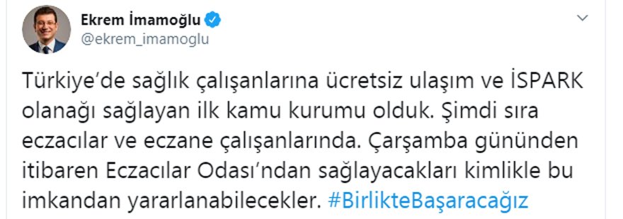 Ekrem İmamoğlu'ndan Eczacılara Ve Eczane Çalışanlarına Ücretsiz Ulaşım İle İSPARK Müjdesi