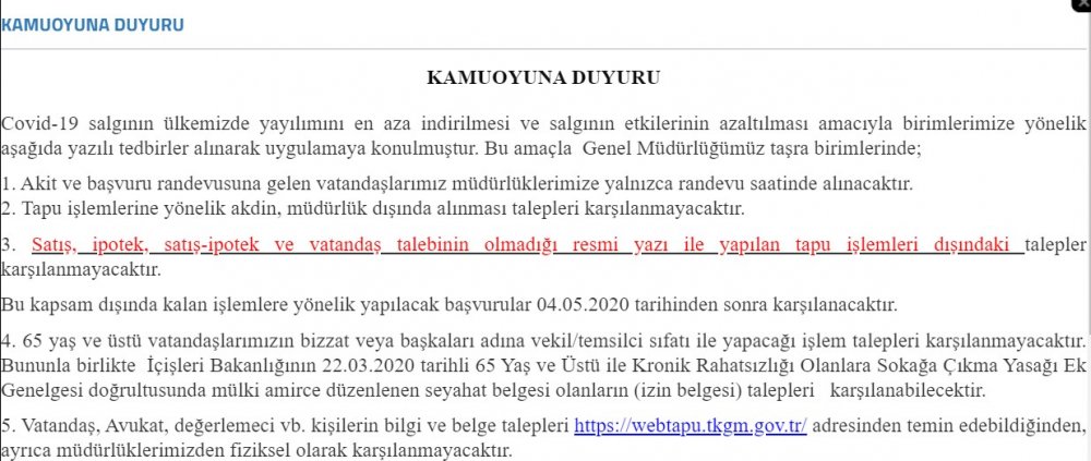 TKGM Yeni Yönetmelik Yayımladı: Corana Virüsü Nedeni İle Bazı Tapu İşlemleri 4 Mayıs Tarihine Kadar Yapılmayacak!