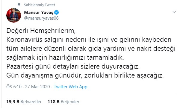 Mansur Yavaş'tan Koronavirüs Desteği: İşinden Olan Vatandaşlara Gıda Nakit Para Yardımı Sağlanacak