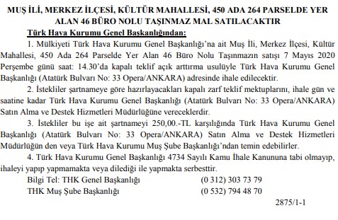 Türk Hava Kurumu THK Eskişehir, Adana, Muş, Bursa, Yalova, Kocaeli ve Denizli'de Satılık Gayrimenkuller İçin İhale Düzenliyor!