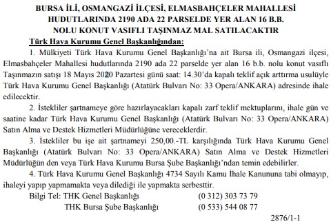 Türk Hava Kurumu THK Eskişehir, Adana, Muş, Bursa, Yalova, Kocaeli ve Denizli'de Satılık Gayrimenkuller İçin İhale Düzenliyor!