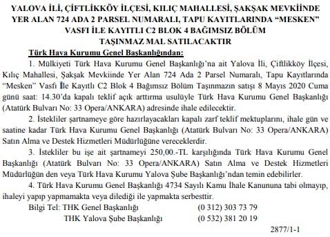 Türk Hava Kurumu THK Eskişehir, Adana, Muş, Bursa, Yalova, Kocaeli ve Denizli'de Satılık Gayrimenkuller İçin İhale Düzenliyor!