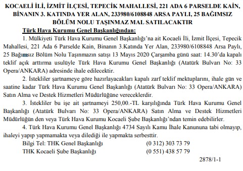 Türk Hava Kurumu THK Eskişehir, Adana, Muş, Bursa, Yalova, Kocaeli ve Denizli'de Satılık Gayrimenkuller İçin İhale Düzenliyor!