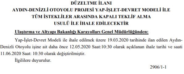 Aydın Denizli Otoyolu Projesi İhalesi 2020 Corana Virüs Nedeni İle Ertelendi!