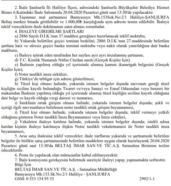 Resmi Gazete İle Yayımlanan Şanlıurfa Belediyesi Arsa İhaleleri