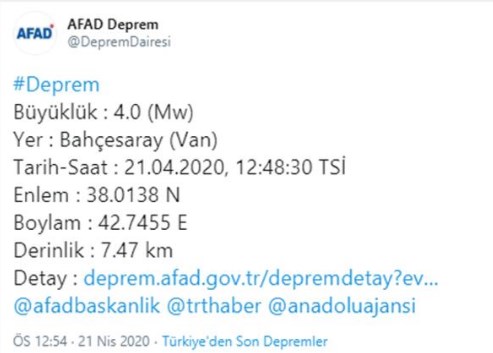 Son Dakika: Van'da 4.0 Şiddetinde Deprem!