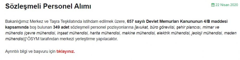 Çevre ve Şehircilik Bakanlığı Sözleşmeli Personel Alım İlanı Yayımlandı! İnşaat, Çevre, Harita, Makine, Jeoloji Mühendisi, Mimar Alımı Yapılacak!