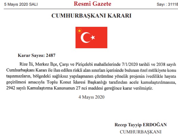 TOKİ Rize'de Riskli Alan ve Acele Kamulaştırma Kararı Aldı!