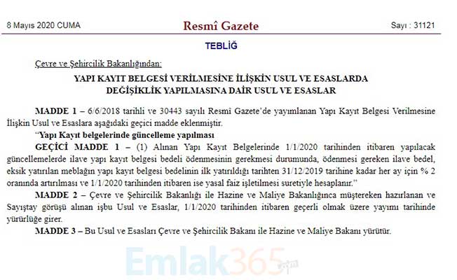 İlave Yapı Kayıt Belgesi Bedeli Verilmesine İlişkin Resmi Gazete Kararı