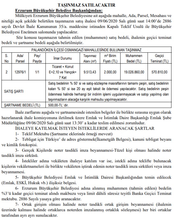 Eskişehir ve Erzurum Büyükşehir Belediyesi Satılık Arsa İhaleleri Resmi Gazete İle Yayımlandı!