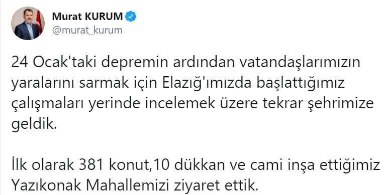 Bakan Murat Kurum'dan Son Dakika Açıklaması: Elazığ Deprem Konutları Ne Zaman Teslim Edilecek?