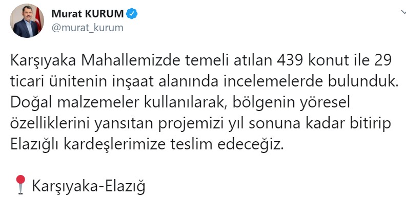 Bakan Murat Kurum'dan Son Dakika Açıklaması: Elazığ Deprem Konutları Ne Zaman Teslim Edilecek?