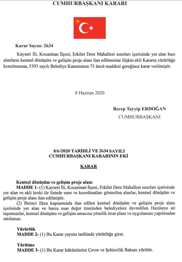 Resmi Gazete İle Yayımlandı, Kayseri Kocasinan Erkilet Dere Mahallesi Kentsel Dönüşüm Alanı İlan Edildi!